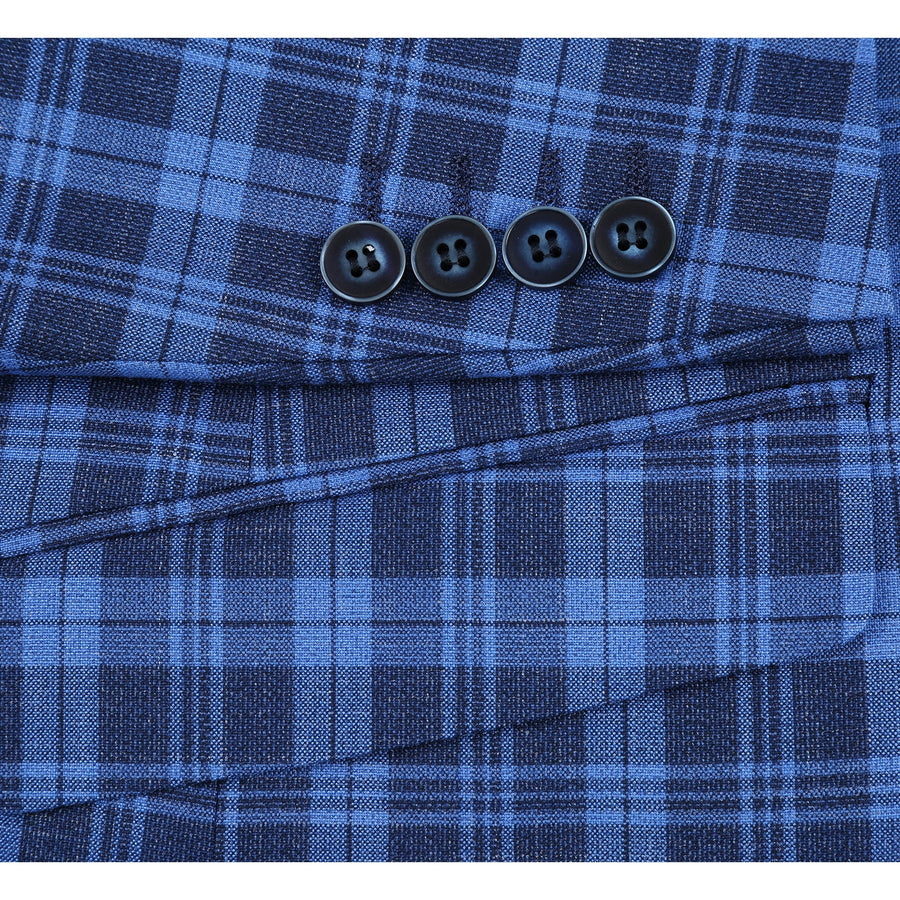 "Men's Slim Fit Blazer - Two Button Sport Coat in Royal & Navy Blue Windowpane Plaid" - 36 Short