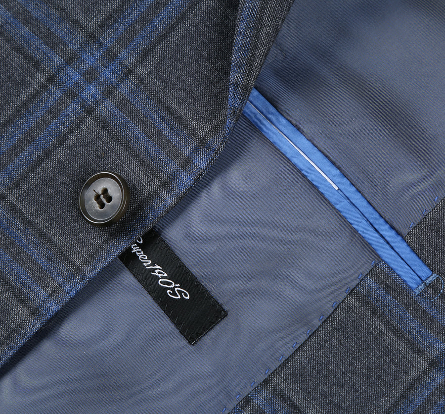 "Classic Fit Men's Wool Suit - Two Button Vested in Grey & Blue Windowpane Plaid"