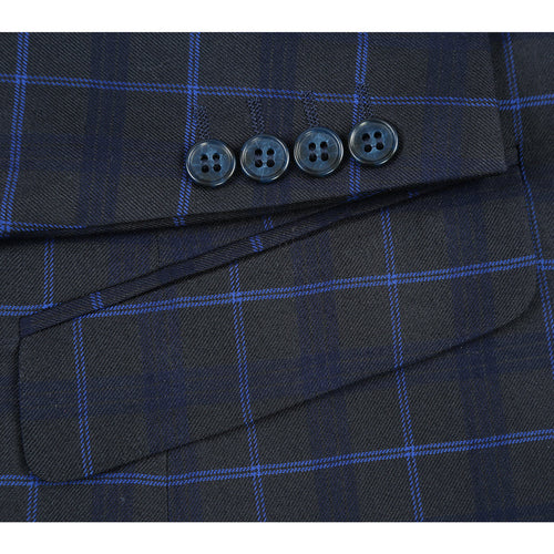 "Dark Blue Slim Fit Men's Suit - Two Button, Wide Windowpane Plaid"