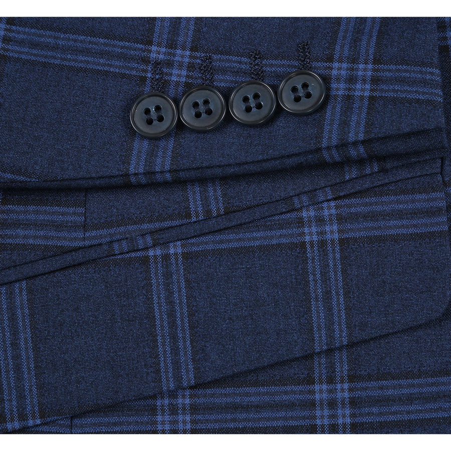 "Dark Navy Slim Fit Men's Suit - Two Button Stretch, Wide Windowpane Plaid"