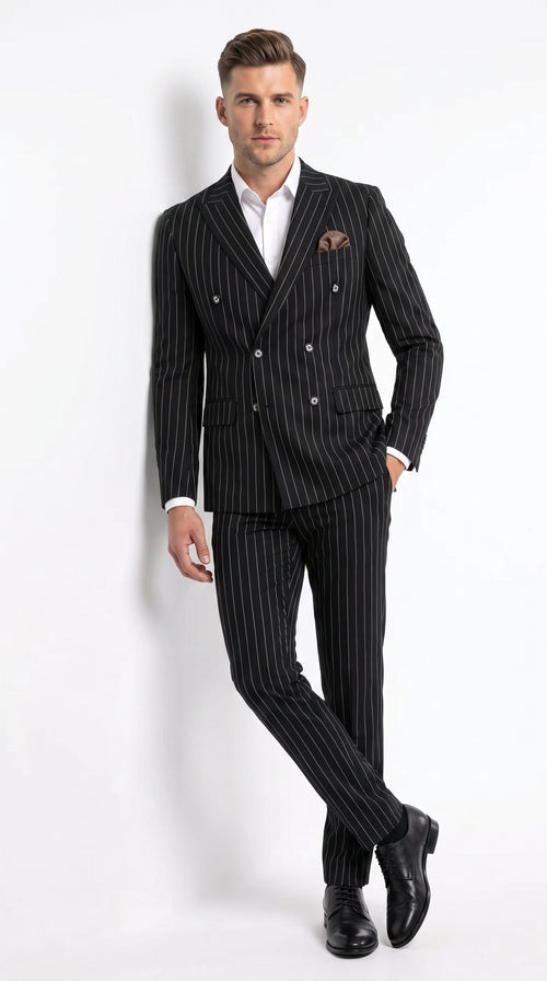 Men's Black Pinstripe Tuxedo Suit – Classic & 1920s Gangster Formal Wear Vintage 1940s 1930s Look