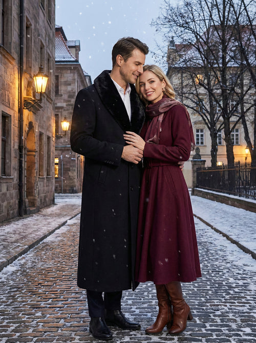 Mens Black Long Overcoat with Faux Fur Collar, Full Length Winter Topcoat for Formal and Business Wear