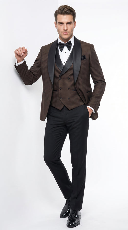 Men’s Chocolate Brown Tuxedo Suit – 3 Piece Shawl Lapel Wedding, Prom and Formal Dinner Tuxedo