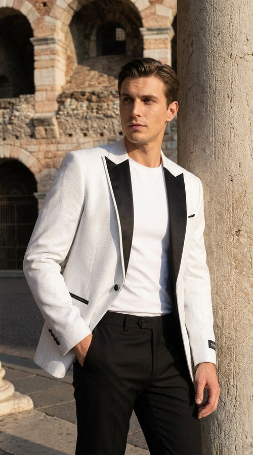 Men's White Sparkle Dinner Jacket – Black Satin Shawl Lapel Tuxedo Blazer Slim Fit Sequin Shiny Prom Jacket
