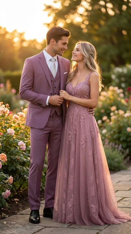 Mens Mauve Three-Piece Suit - Slim Fit Formal Blazer, Vest, and Trousers for Weddings Rose Gold Pinkish Color