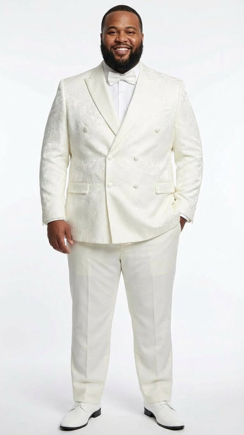 Mens Ivory Double Breasted Tuxedo Dinner Jacket Textured Blazer Paisley Texture Pattern in Off White Cream Color + Bowtie