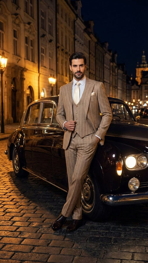 Men's Beige Pinstripe Three-Piece Vested Suit Tailored Fit Business Attire in Tan Stripe by Rossiman