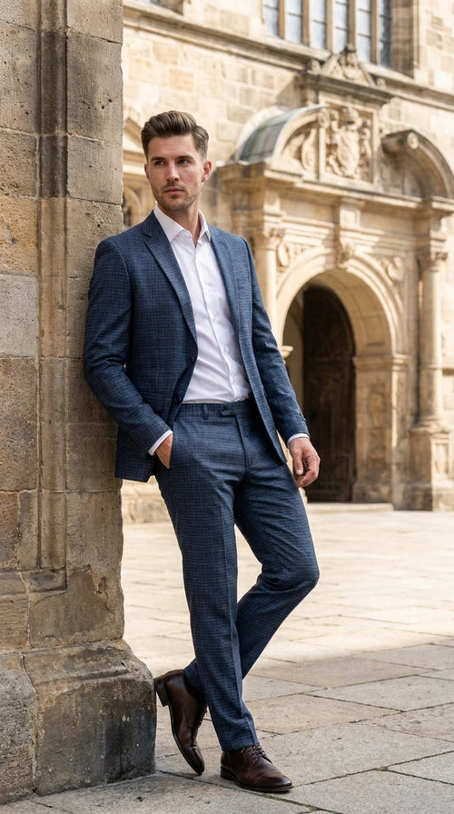 Men's Blue Micro Check Hounstooth small windowpane plaid 3-Piece Suit β Vested Slim Fit Business, Wedding & Formal Suit