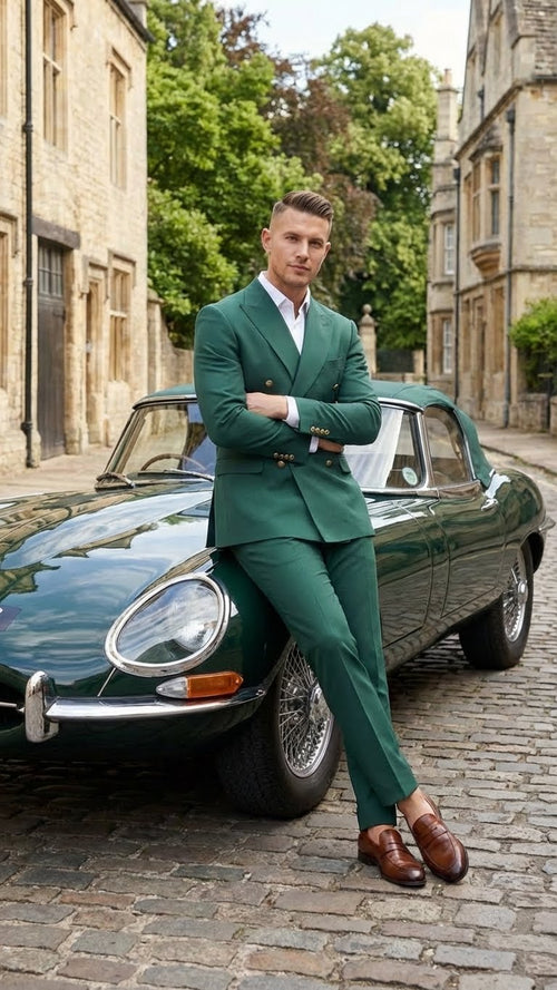 Vitali Brand Mens Emerald Green Double Breasted Suit Modern Fit Side Vented