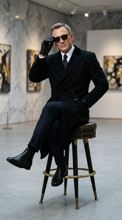 Men’s Black Double Breasted Overcoat, James Bond Inspired Long Formal Coat for Weddings, Business Events, Parties, and Winter Occasions