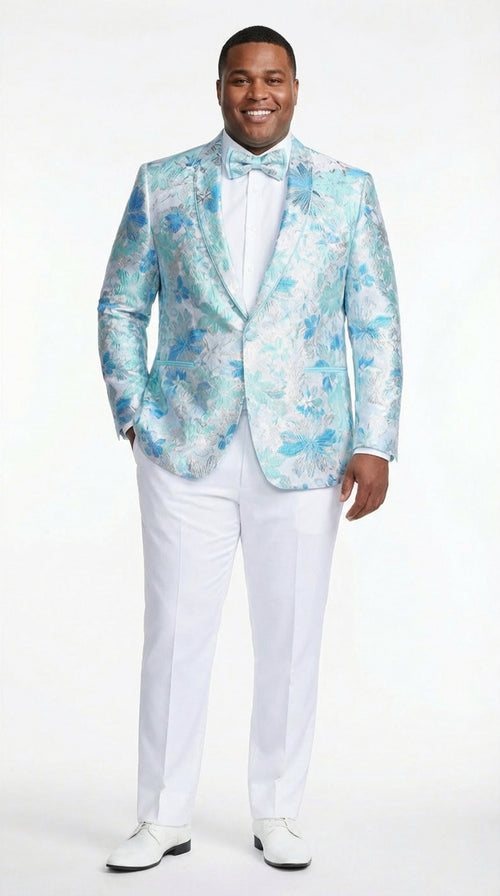 Mens Light Blue Floral Jacquard Tuxedo Jacket with Matching Bow Tie | Formal Prom Wedding Blazer + Bowtie Turqoise Aqua Color