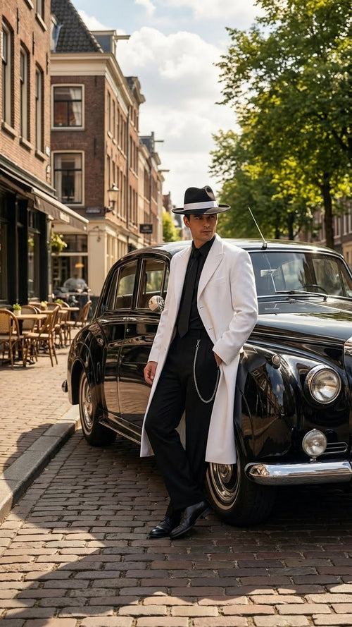 Mens White Long Zoot Style Suit | Vintage Gangster Mafia Formal Coat with Black Pants