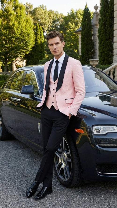 Mens Blush Pink Tuxedo Suit Set with Black Shawl Lapel 3 Piece Formal Wedding and Party Prom Vest + Black Pants