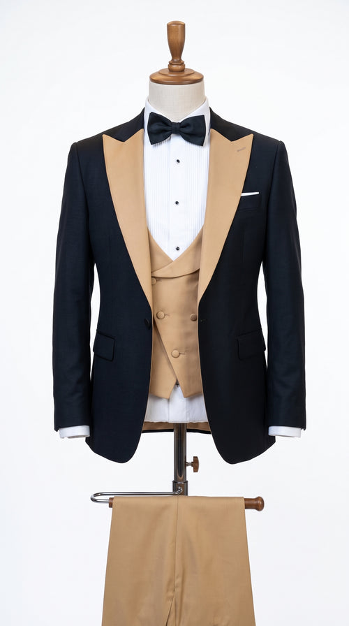 Men's Western Khaki Cowboy Tuxedo Suit – Black & Tan Beige Peak Lapel 3-Piece Vested Formal Cowboy Suit