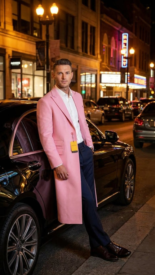 Mens Pink Wool Blend Long Overcoat Slim Fit Tailored Winter Coat - Carcoat - Topcoat