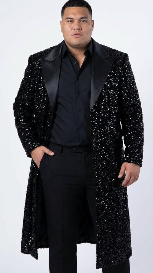 Mens Black Sequin Long Coat with Satin Shawl Lapel Luxury Statement Evening Overcoat