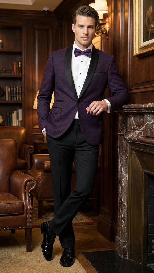Mens Eggplant Plum Purple Tuxedo Blazer with Satin Lapel, White Tuxedo Shirt and Matching Purple Bow Tie - Slim Fitted - Prom wedding Suit With Pants