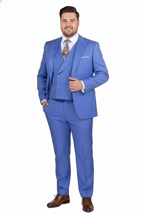 Mens Light Blue Double-Breasted 3-Piece Suit Set Tailored Fit Formal Business Suit in Steel Blue Sky Blue Color