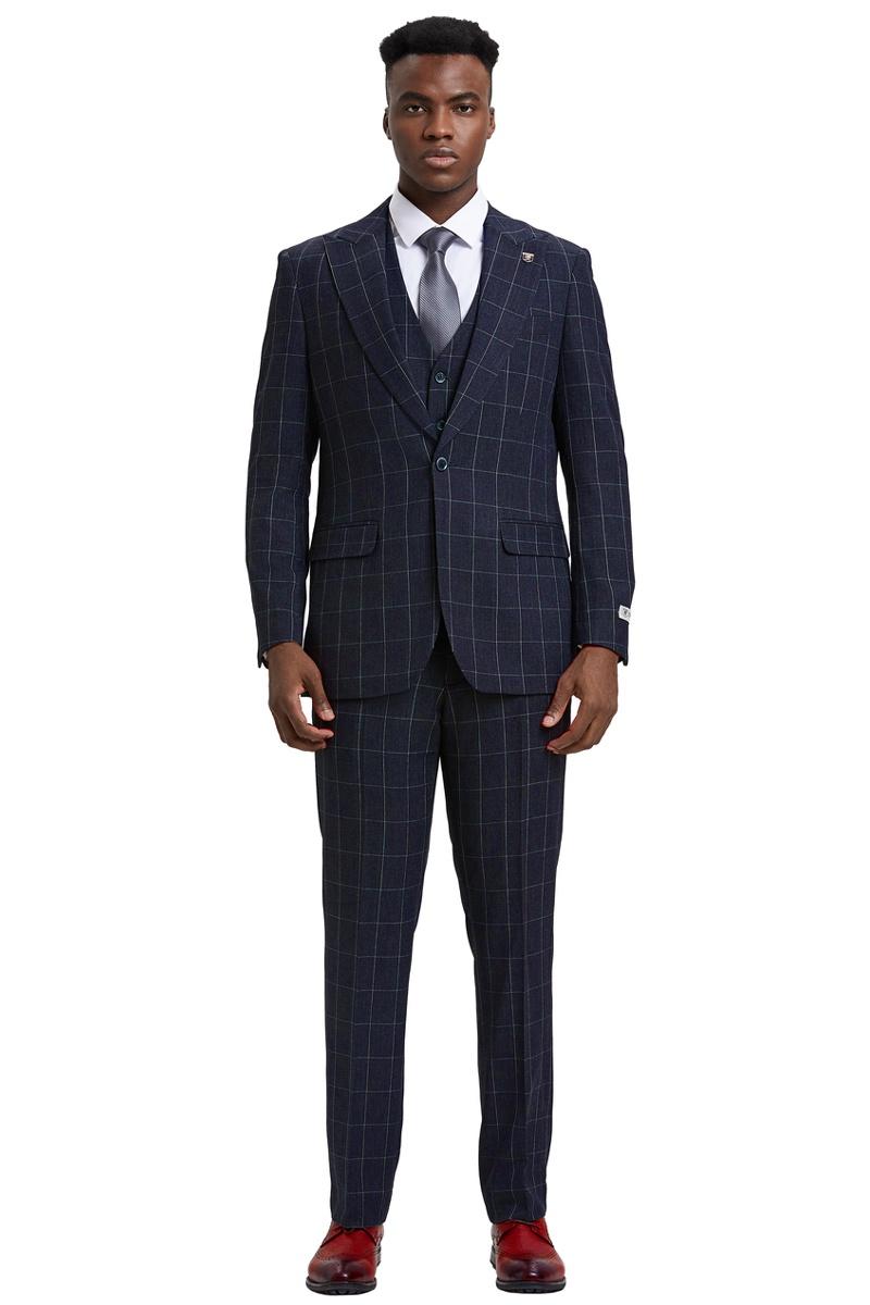 Men's Stacy Adams Vest Classic Bold Windowpane Suit in Navy Blue - 38 Regular