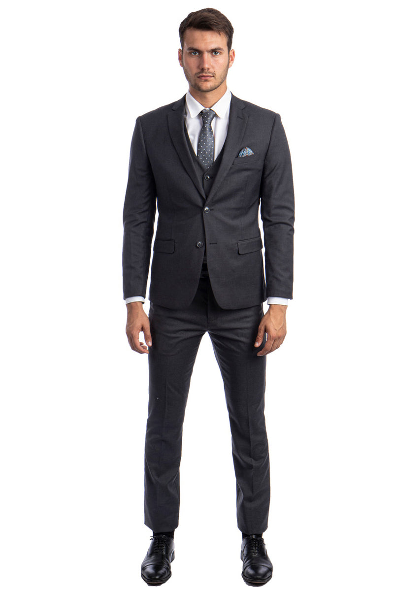 "Charcoal Grey Slim Fit Men's Suit - Two Button Vested Solid Basic" - 34 Short