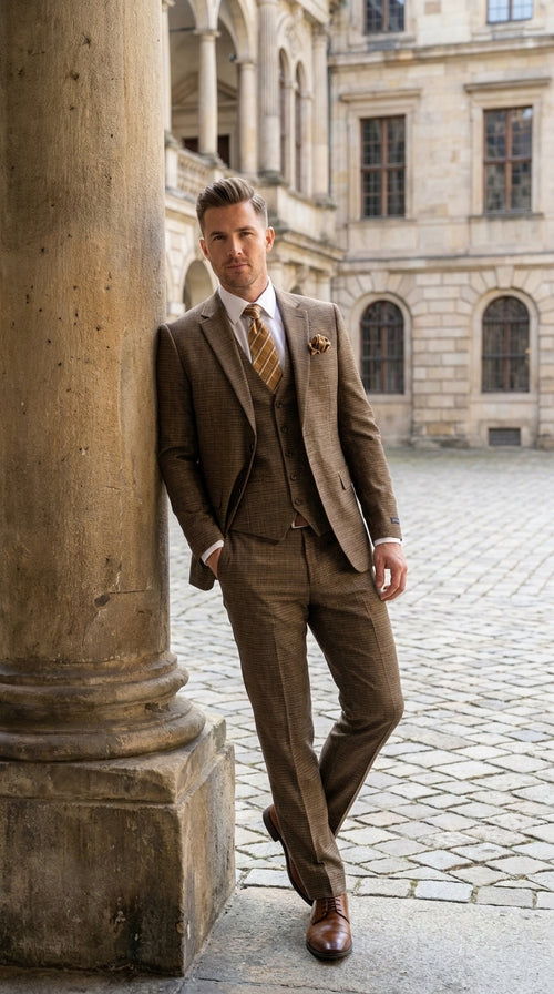 Men's Great Gatsby Brown Checker Plaid Texture 3-Piece Suit β Classic Fit Business, Wedding & Formal Suit Set - Victorian style 1920s
