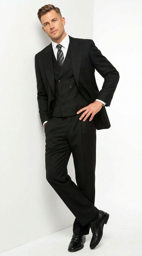 Tiglio Mens Black 3 Piece Suit β Single Button Classic Fit Pleated Wide Leg Pants Formal Business Chruch Suit - 100% Wool