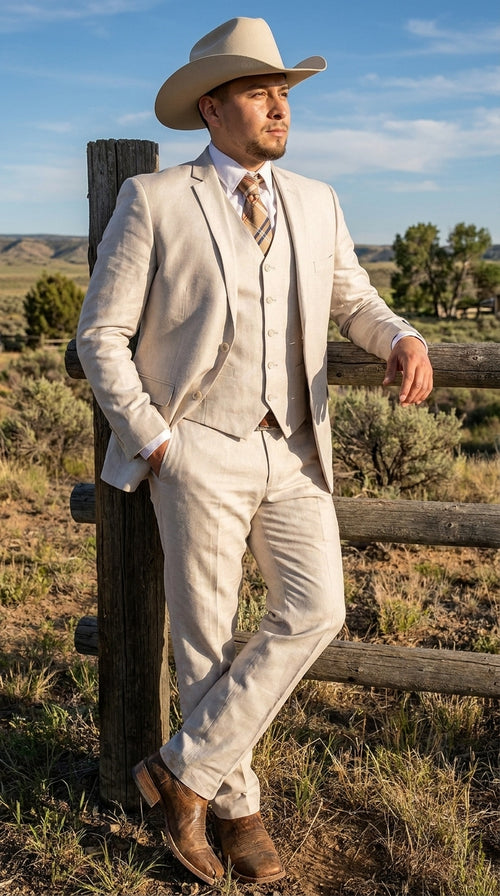 Men’s Sand champaign Western Cowboy 3-Piece Suit – Light Cream Wedding Suit with Vest & Pants Slim Fitted