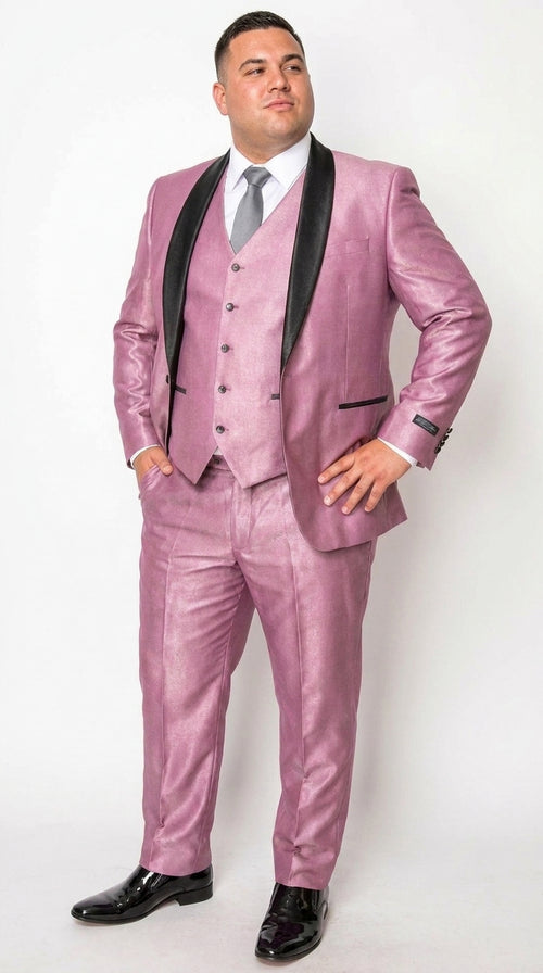 Men’s Shiny Mauve Pink 3 Piece Tuxedo – Wedding & Prom Suit with Black Shawl Lapel