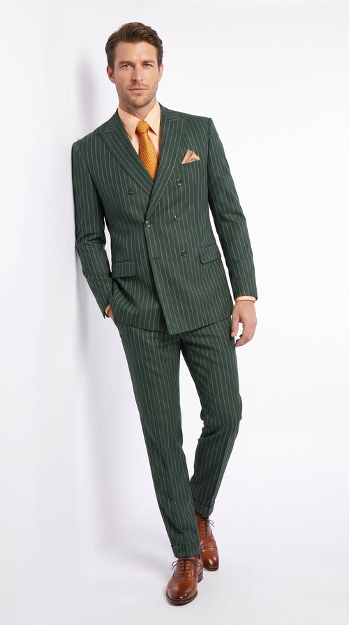 Men’s Hunter Green Pinstripe Double Breasted Suit – Vintage 1920s Great Gatsby Gangster Style