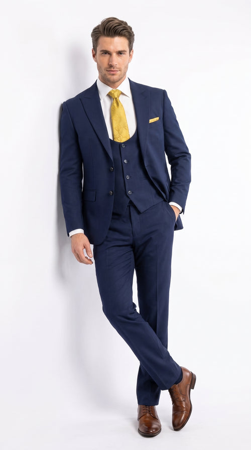 Mens Vitali 3 Piece Suit W/Scoop Vest Navy Blue 3-Piece Suit – Big Peak Lapel Vest and Pants Modern Fit Two Buttons