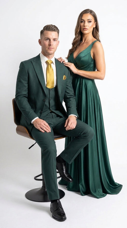 Mens Vitali 3 Piece Suit W/Scoop Vest Hunter Green 3-Piece Suit –, Big Peak Lapel Vest and Pants Modern Fit Two Buttons