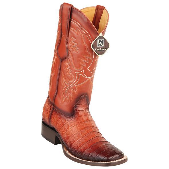 Men's King Exotic Caiman Crepe Sole Square Toe Boots With Saddle Burnished Cognac (48228257) - 6