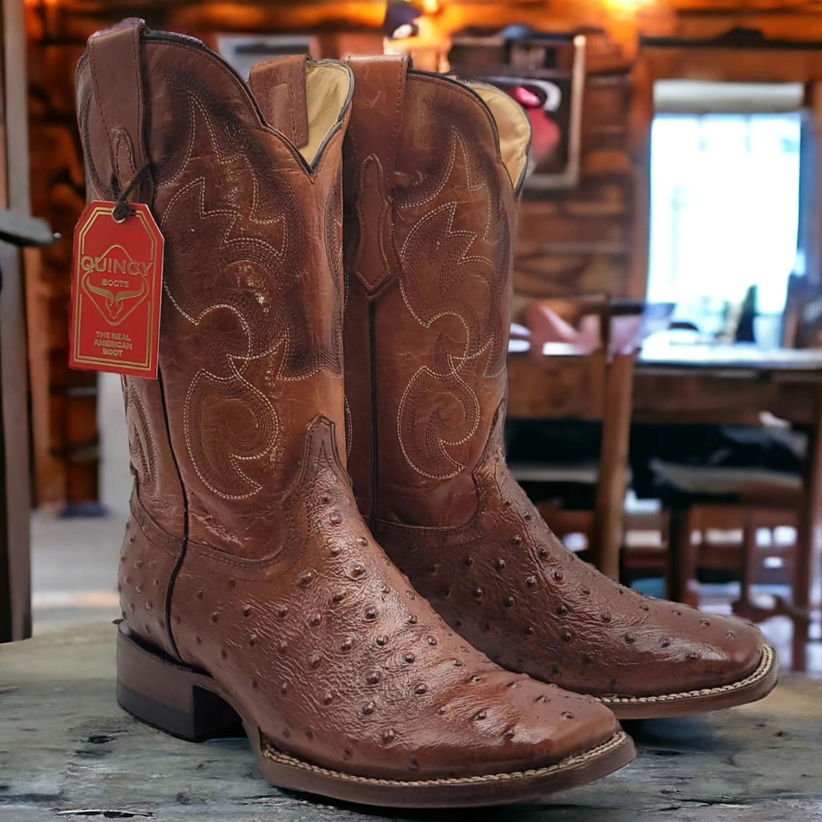 Brown Ostrich Print Boots - Brown