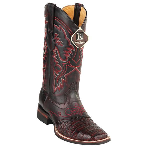 Men's King Exotic Caiman Crepe Sole Square Toe Boots With Saddle Black Cherry (48238218) - 6