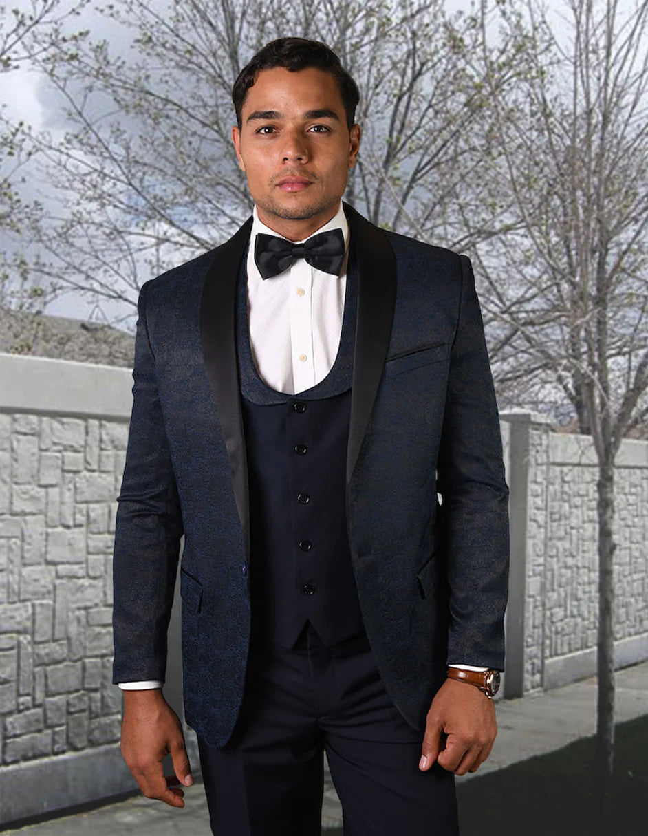 Mens Navy Blue Wedding Tuxedo - Dark Blue Tuxedo Suit" Mens One Button Shawl Lapel Vested Prom 2025 Tuxedo in Navy Paisley - 38 Short