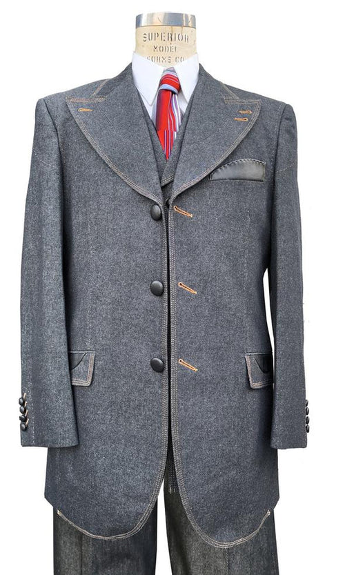 Denim Suit - Cotton Fabric Vested Suit - 3 Pieces Suit - Vested Fancy Black Suit