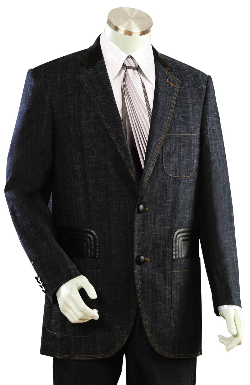 Denim Suit - Denim Blazer - Jean Fabric Black Suit - Patch Pocket - 38 Short Jacket+32 Waist Adjustable 28to34)(Height: 5 4 to5 7 )(Neck 15-16.5)S-M)