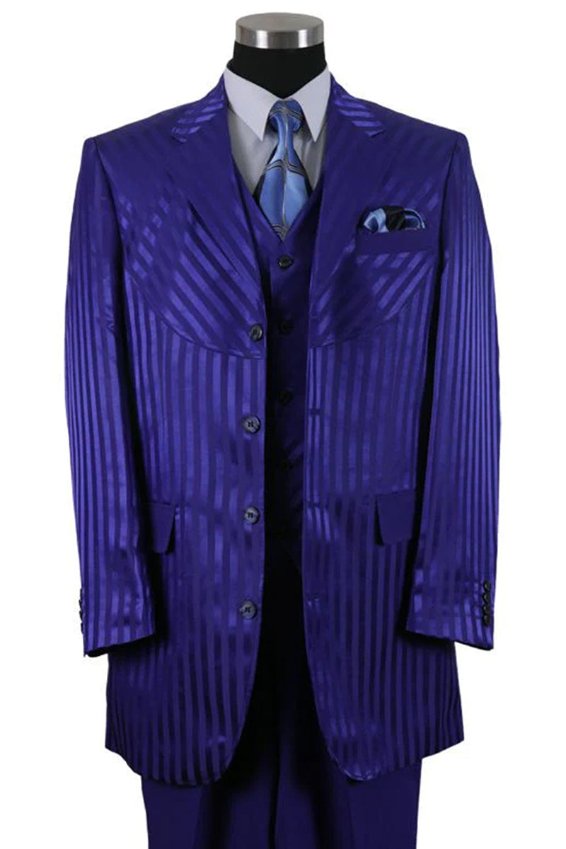 "Navy Blue Men's Shiny Tonal Stripe Fashion Suit - 4 Button Semi Wide Leg" - 38 Long