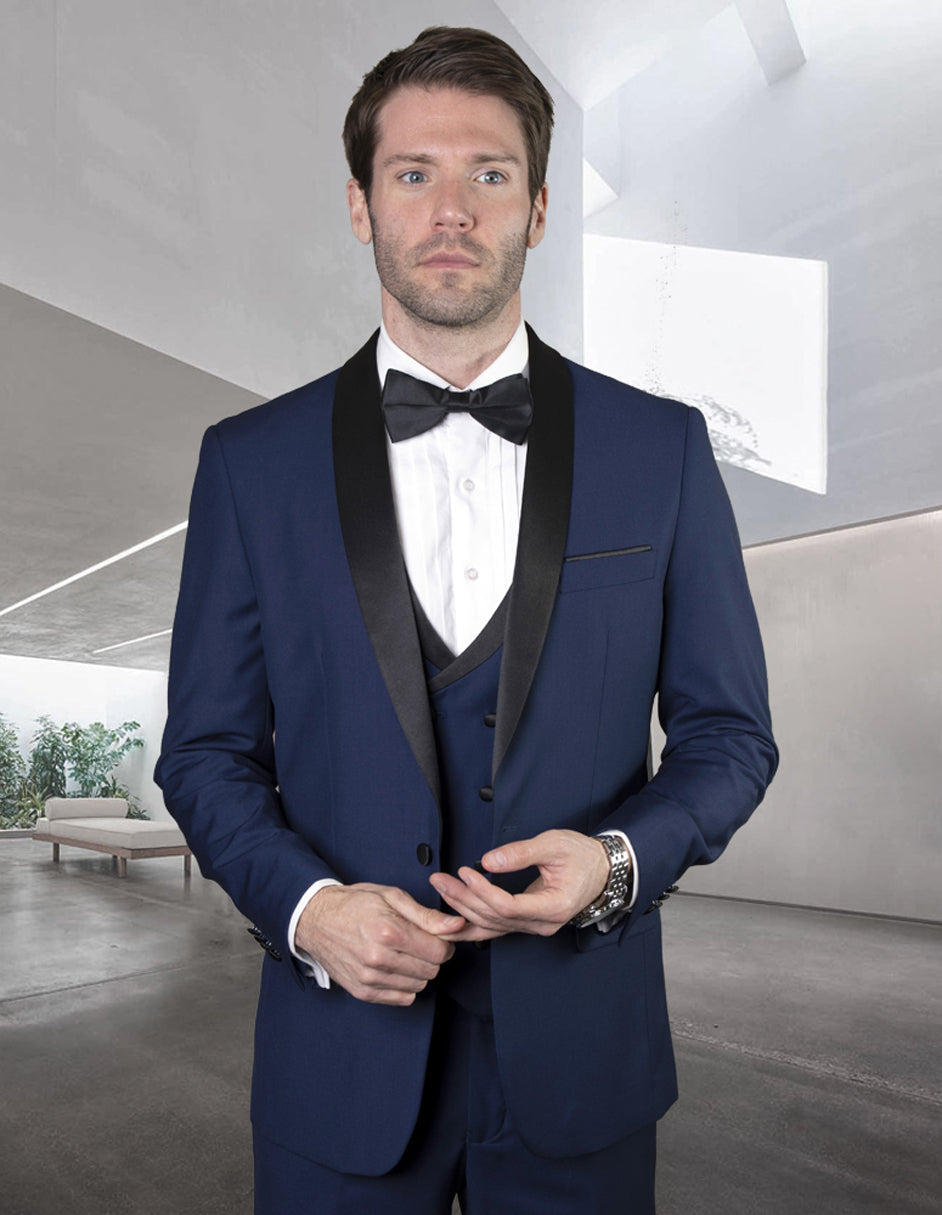 Mens Wool One Button Shawl Tuxedo with Double Breasted Vest in Sapphire Blue - 34 Short