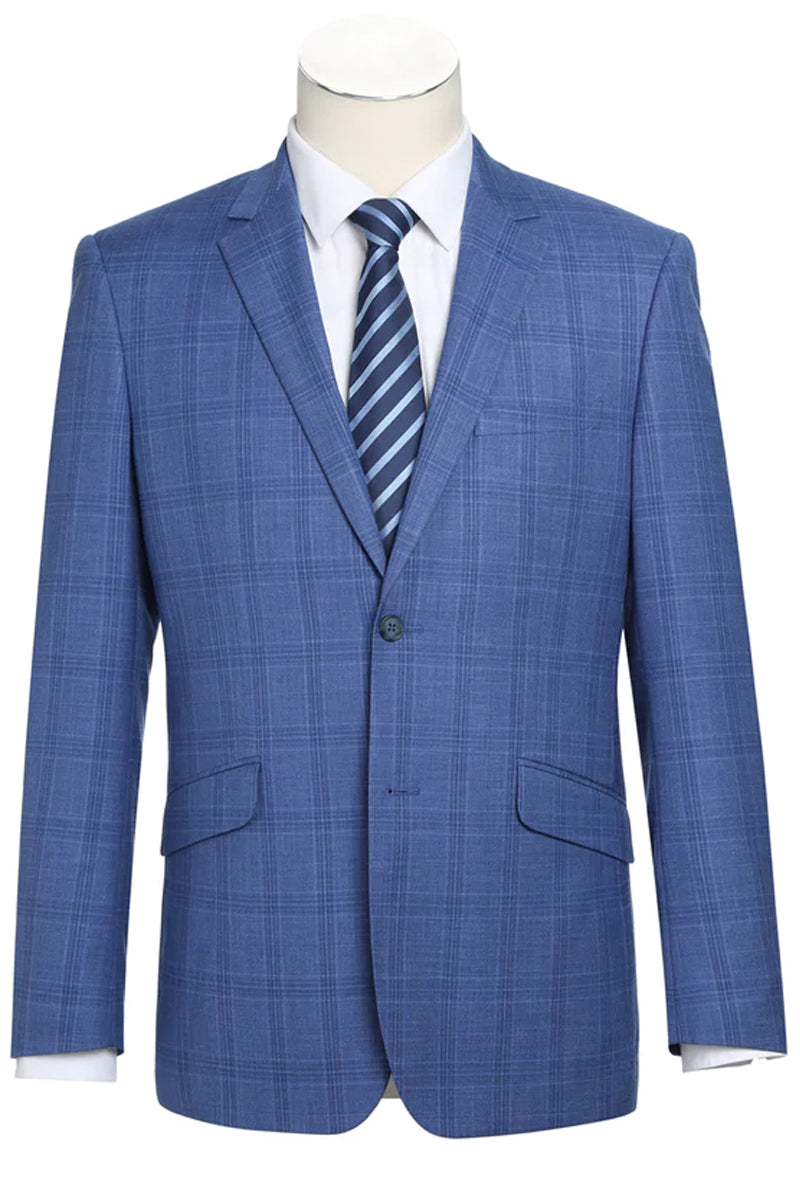 "Light Blue Windowpane Plaid Men's Slim Fit Two-Button Suit"