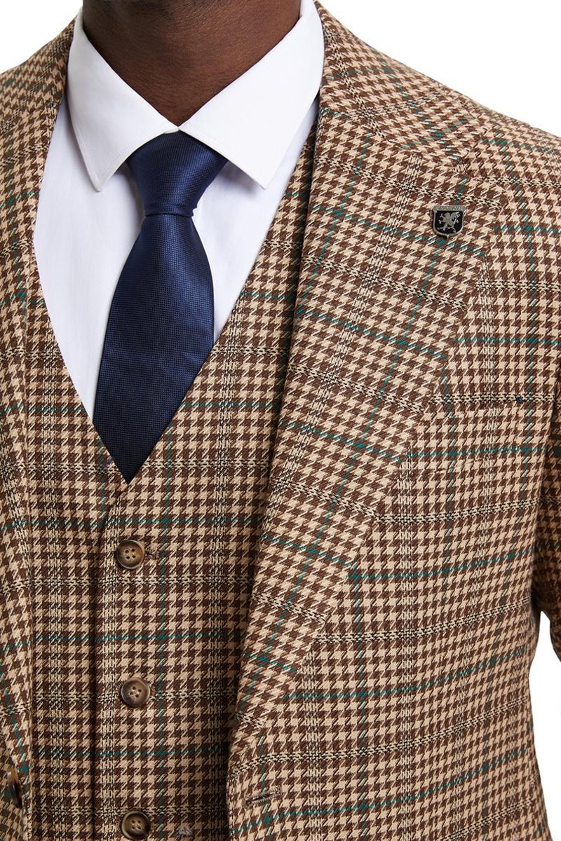 Men's Stacy Adams Vested Modern Fit Houndstooth Glen Plaid Suit in Camel & Green - 38 Regular