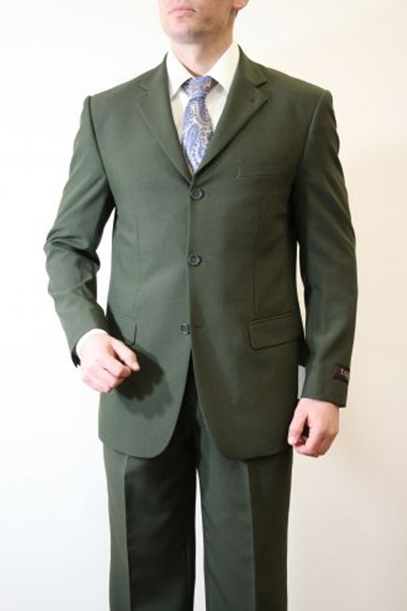 "Olive Poplin Suit for Men - Basic Three Button Style"