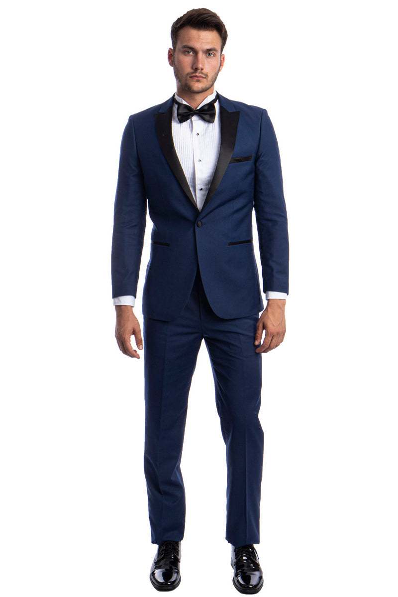 "Cobalt Blue Men's Slim Fit Wedding Tuxedo with One Button Peak Lapel"