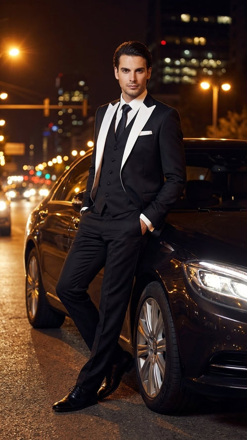 Mens Black and White Lapel Prom Tuxedo Suit + Black Vest + Black Pants Peak Lapel