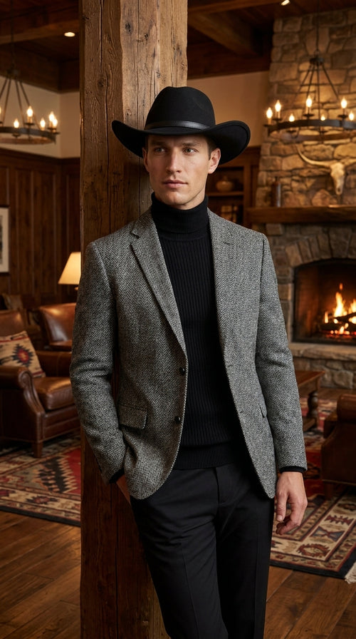 Men’s Grey Herringbone Winter Cowboy Blazer – Western Sport Coat Jacket