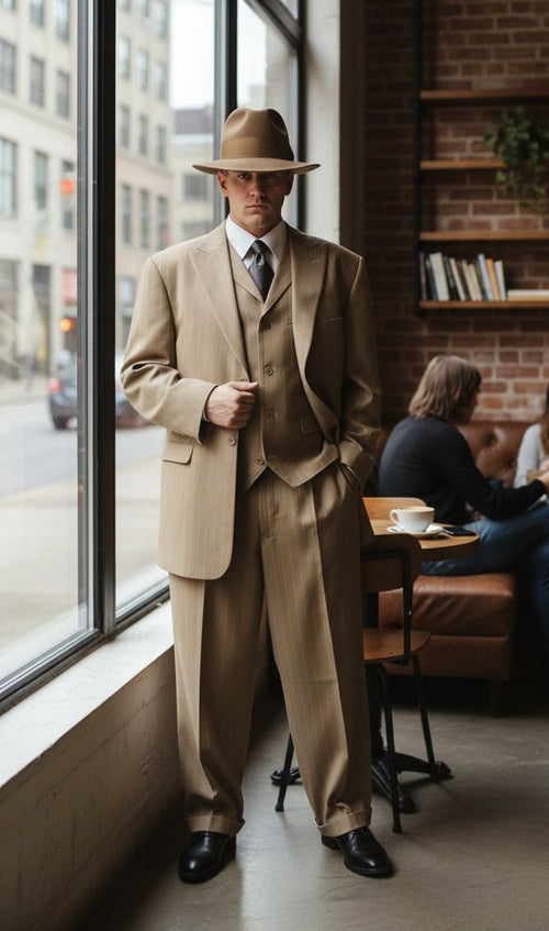 Mens Tan Pinstripe Zoot Suit 1920s Gangster Vintage 3-Piece Suit with Wide-Leg Pants