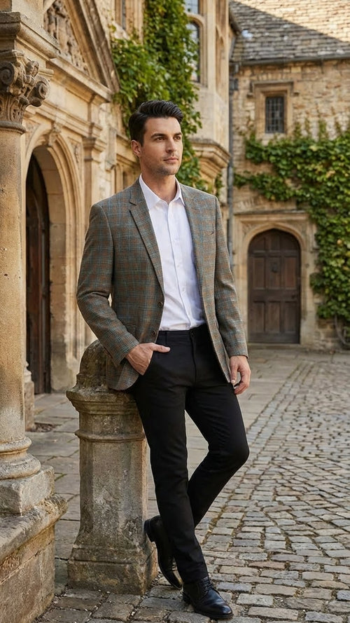 Mens Green Brown and Teal Plaid Sport Coat Tailored Fit Check Blazer Jacket - Tartan Sportcoat