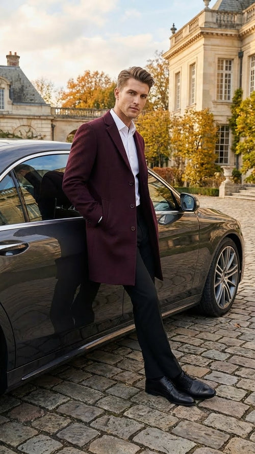 Mens Burgundy Mid-Length Overcoat Classic Fit Wool Blend Dress Coat Three Quarter Carcoat Topcoat