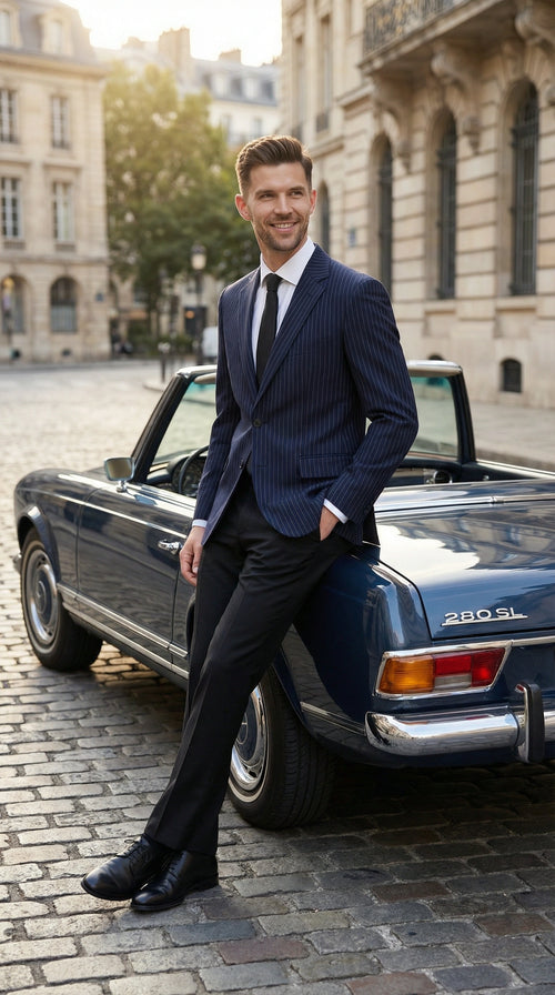 Mens Navy Blue Pinstripe Blazer Classic Tailored Formal Jacket for Business, Office and Professional Wear