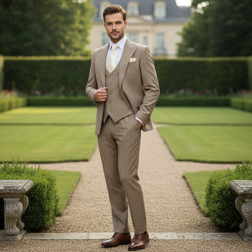 Mens Beige Pinstripe Three-Piece Suit Classic Fit Formal Suit with Vest and Flat-Front Pants in Tan Stripe By Rossiman